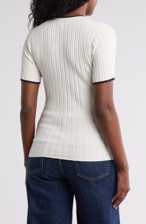 Nordstrom Rack Tipped Short Sleeve Ribbed Sweater In Ivory Tofu- Navy Night Tipping