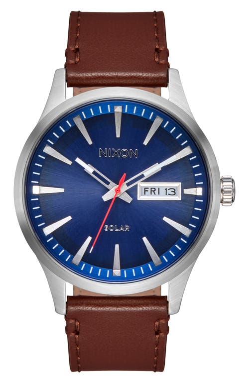 Nixon Sentry Solar Leather Strap Watch, 40mm in Navy Sunray /Silver 