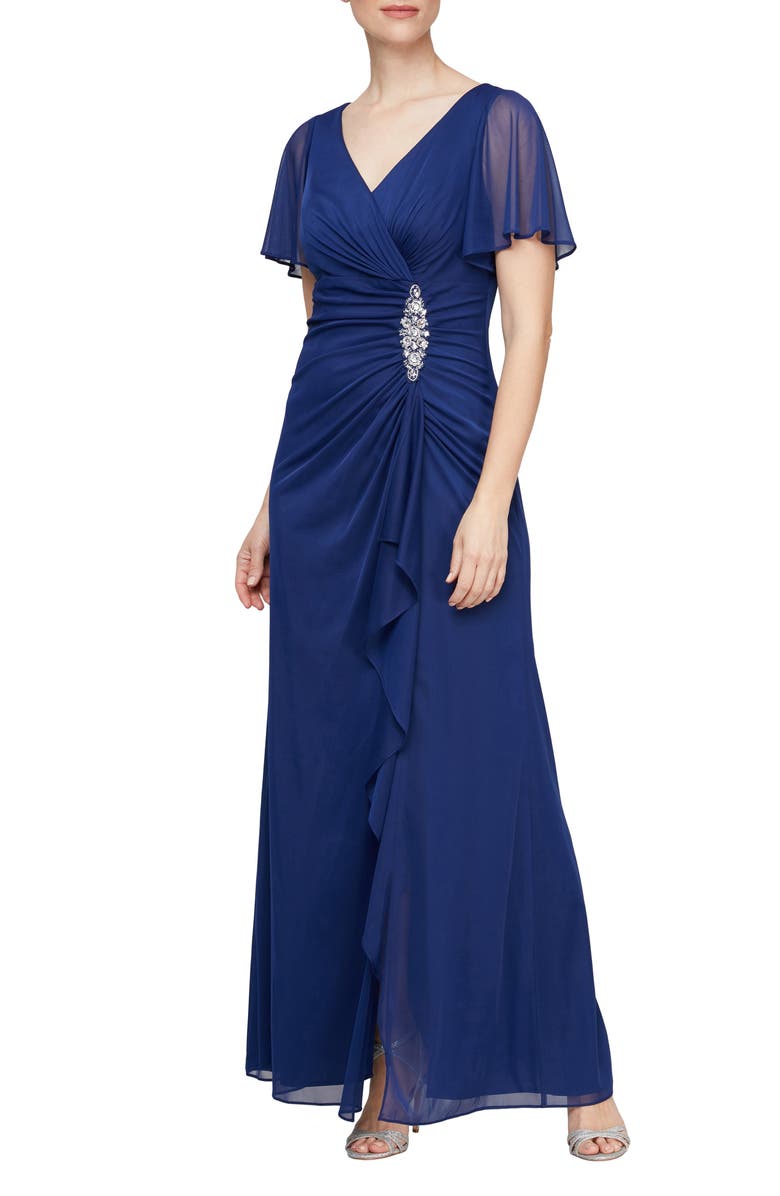 Alex Evenings Flutter Sleeve Faux-Wrap Gown, Main, color, 
