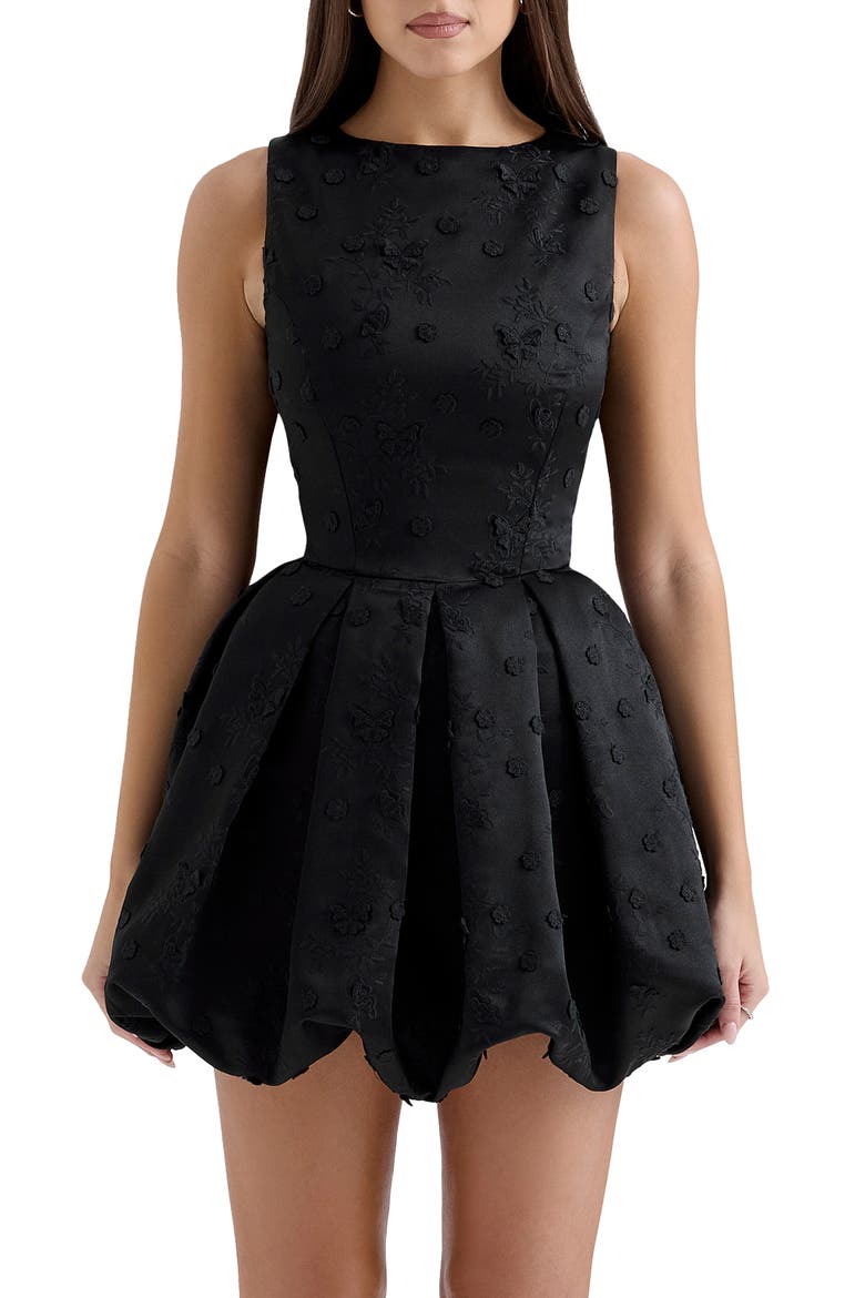 Melika Open Back Bubble Hem Minidress, Alternate, color, BLACK