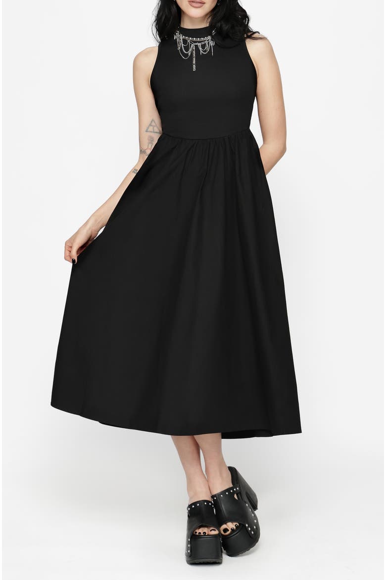 Morthira Open Back Lace Up Midi Dress, Main, color, Black