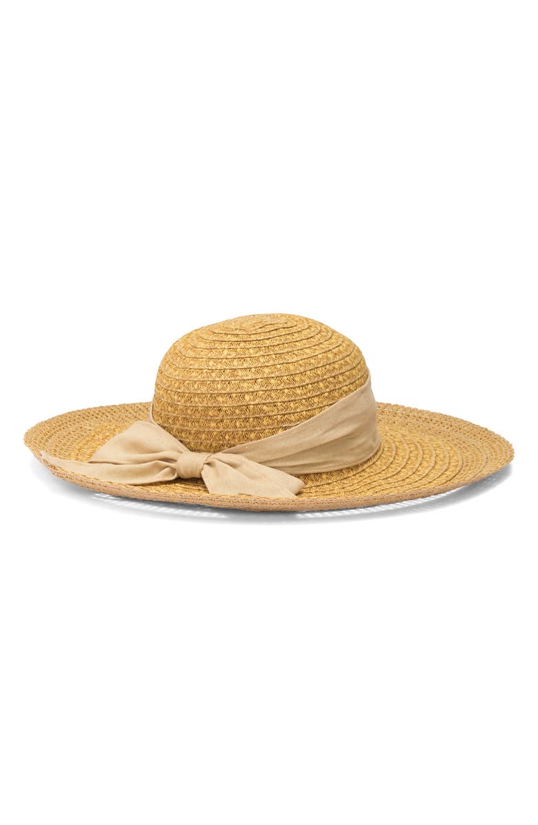 Nine West Lace Edge Bow Straw Floppy Hat, Alternate, color, Heather Tan