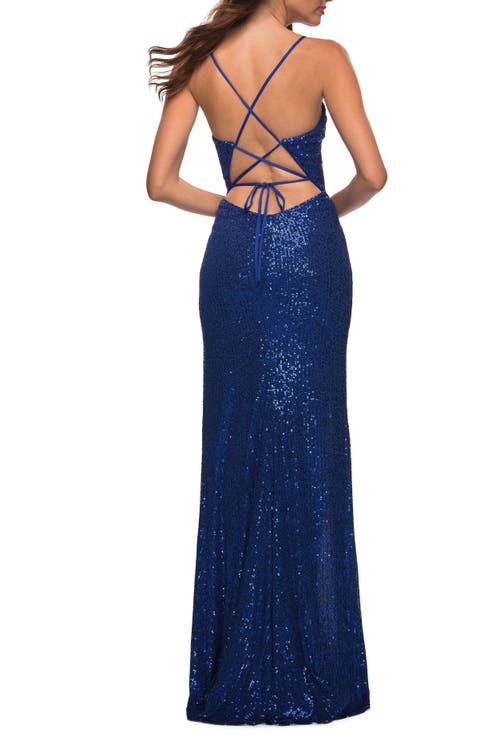 La Femme Sequin Gown With Deep V Neckline And Lace Up Back In Royal Blue