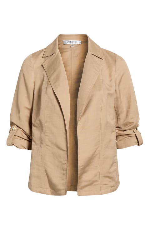 Seamed Open Front Linen Blend Jacket (Plus)
