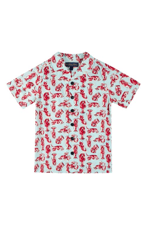 Brooks Brothers Kids' Lobster Print Short Sleeve Button-up Shirt In Aqua Green