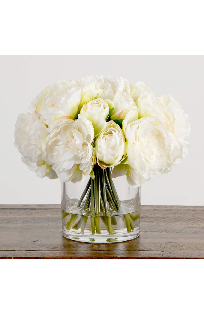 NEARLY NATURAL Wedding Collection 11-in Artificial Peony Arrangement in Glass Vase, Alternate, color, Green/White