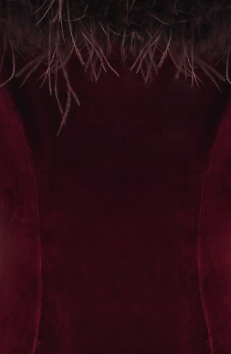 HOUSE OF CB Salima Feather Trim Off the Shoulder Long Sleeve Velvet Jumpsuit, Alternate, color, 