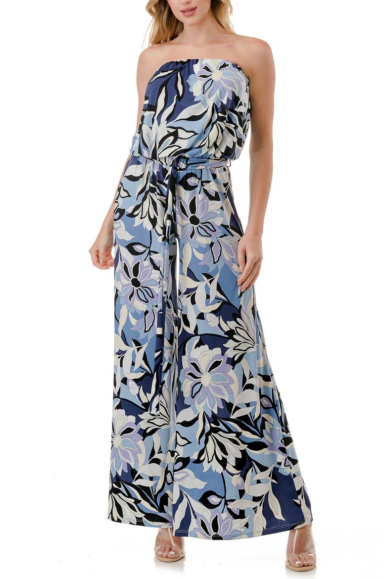 Chevron Print Strapless Wide Leg Jumpsuit, Main, color, BLUE MULTI