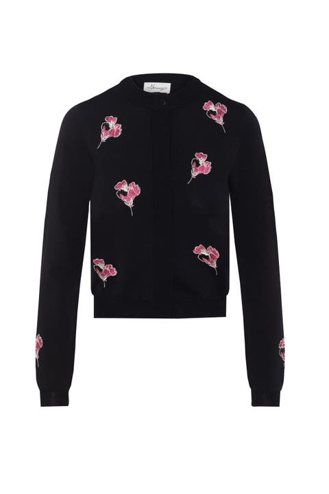 Embroidered Cropped Floral Button Front Knit Cardigan