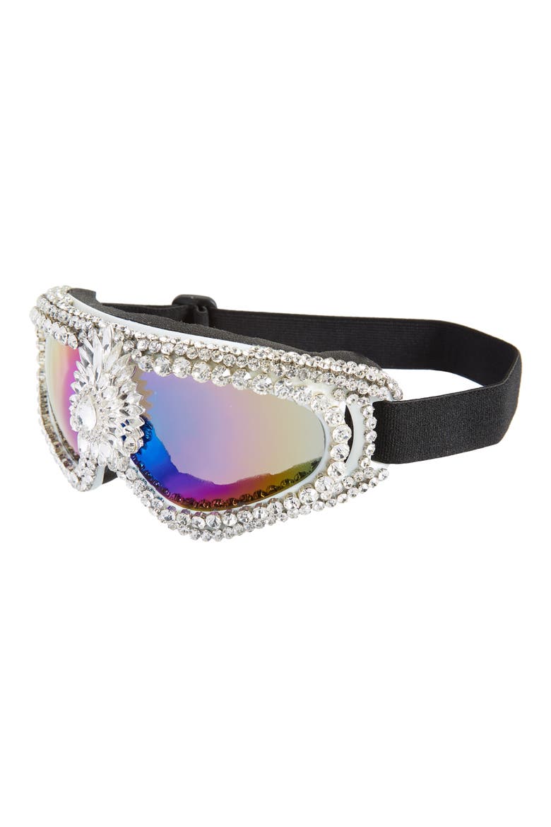 Crystal Embellished Mirrored Snow Goggles, Alternate, color, WHITE