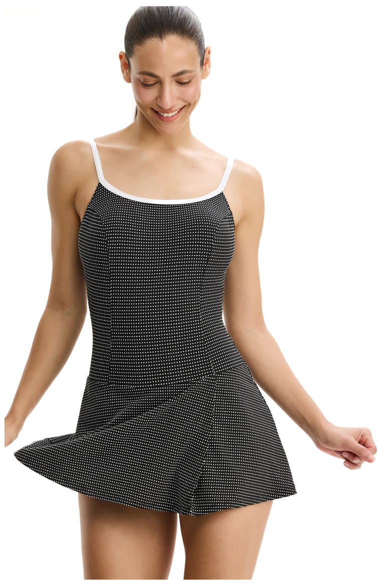 Dottie Delight Textured Square Neck Swimdress, Alternate, color, Black-White