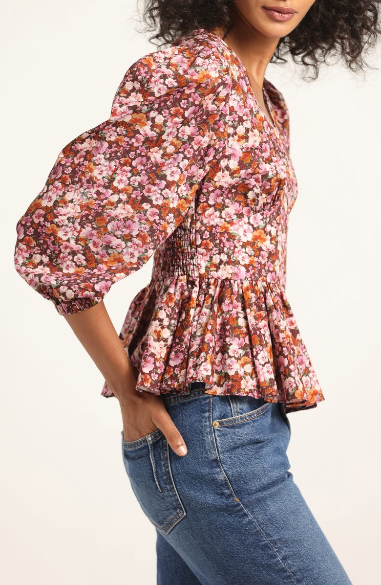 Derek Lam 10 Crosby Savannah V-Neck Peplum Top, Alternate, color, Burgundy Mini Floral