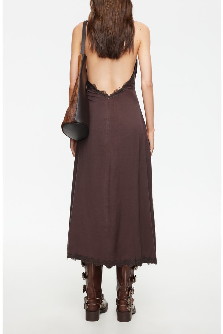 Stars Align Lace Trim Linen Blend Halter Midi Dress, Alternate, color, BROWN