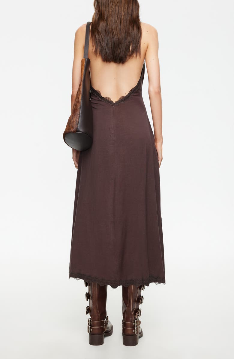 LIONESS Stars Align Lace Trim Linen Blend Halter Midi Dress, Alternate, color, Brown