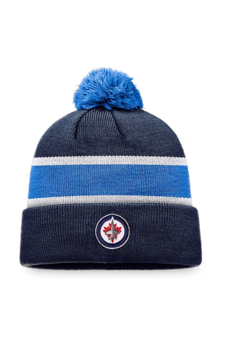 FANATICS Men's Fanatics Branded Navy/Blue Winnipeg Jets Breakaway Cuffed Knit Hat with Pom, Main, color,