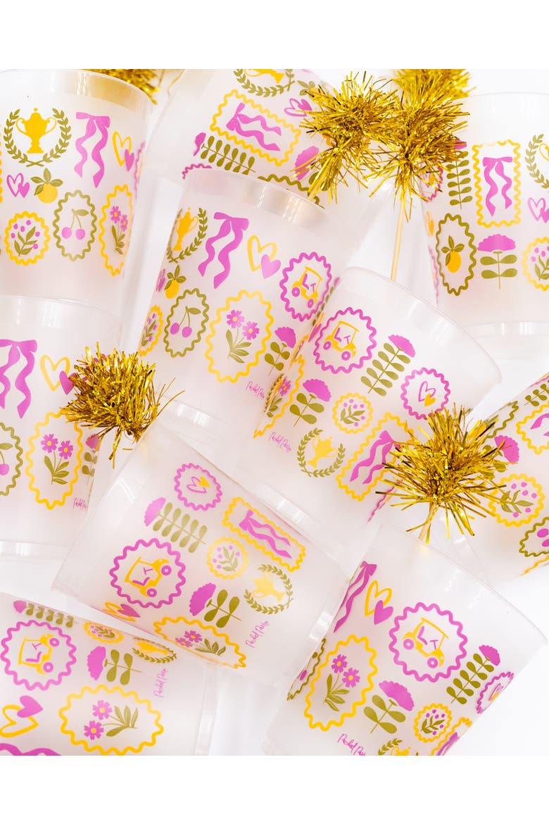 Forever Fun Gold Pom Pom Reusable Stackable Cups Set of 10 - 16 oz Shatterproof Party Cups with Gold Pom Pom Stirrers, Alternate, color, Multicolor