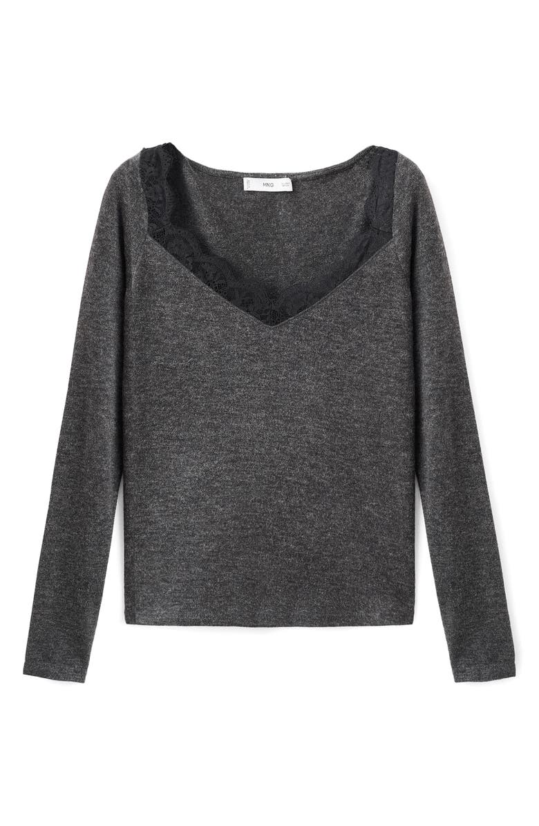 MANGO Lace Trim Long Sleeve Top, Main, color, Medium Heather Grey