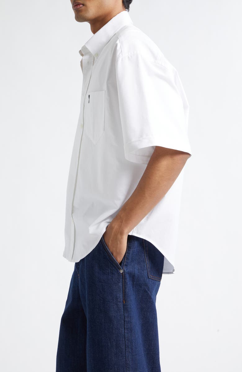 AMI PARIS Ami de Coeur Embroidered Boxy Cotton Poplin Button-Up Shirt, Alternate, color, Blanc Naturel