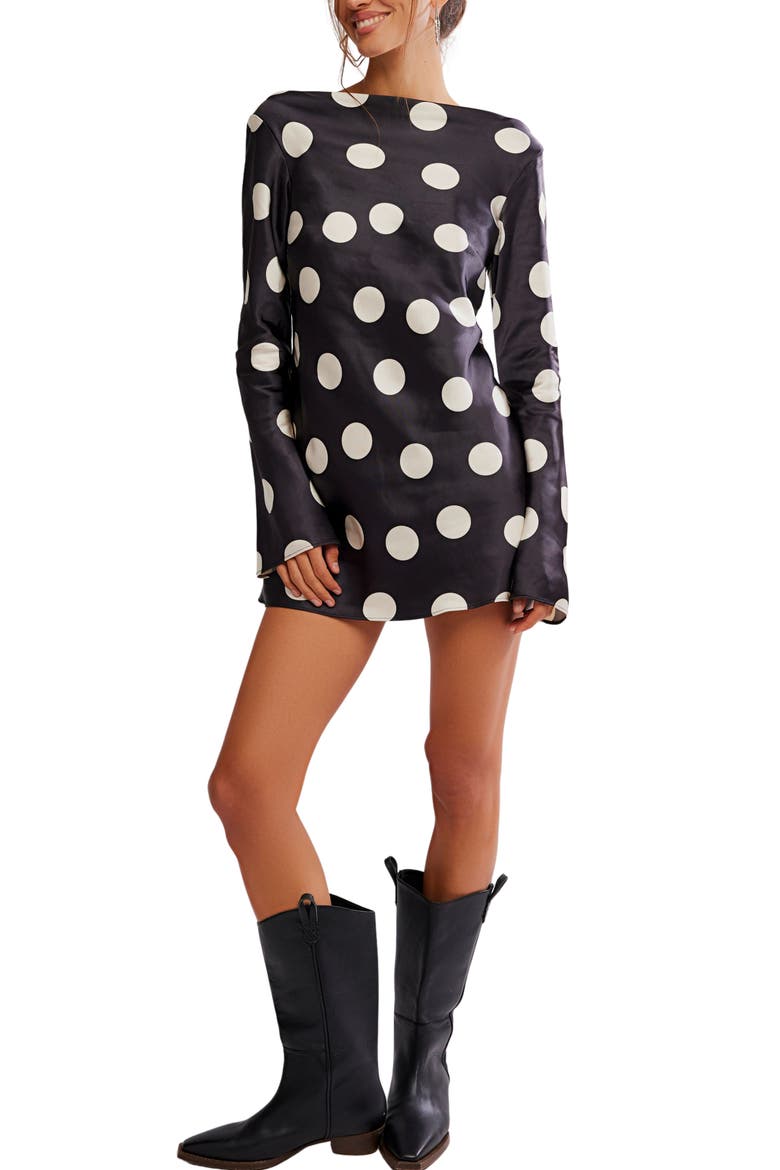 Tigre Polka Dot Long Sleeve Satin Minidress, Main, color, BLACK COMBO