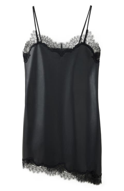 Lace Trim Faux Leather Slipdress