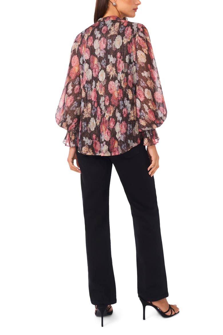 Floral V-Neck Flare Cuff Chiffon Top, Alternate, color, RICH BLACK
