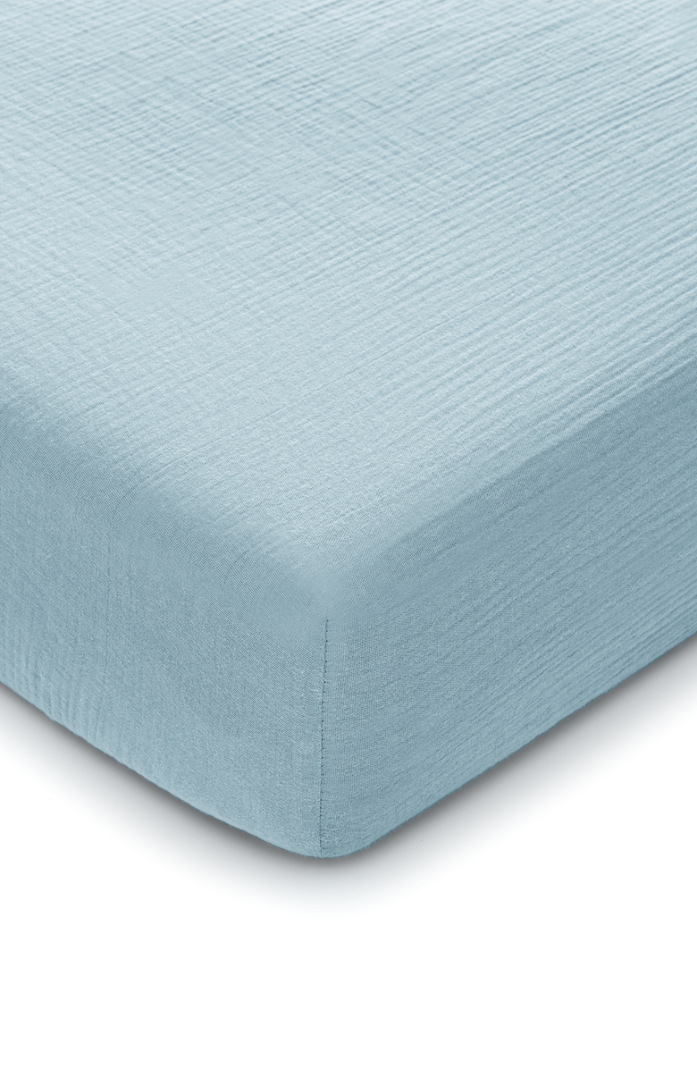 Comfy Cubs Muslin Fitted Crib Sheet, Main, color, Sky Blue