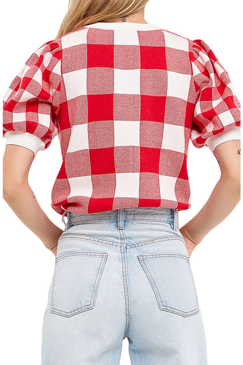 Gingham Puff Sleeve Sweater, Alternate, color, RED