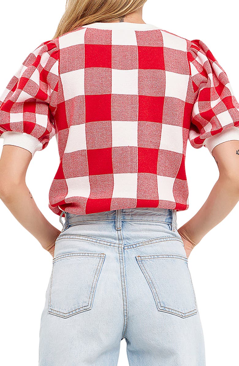 English Factory Gingham Puff Sleeve Sweater, Alternate, color, Red