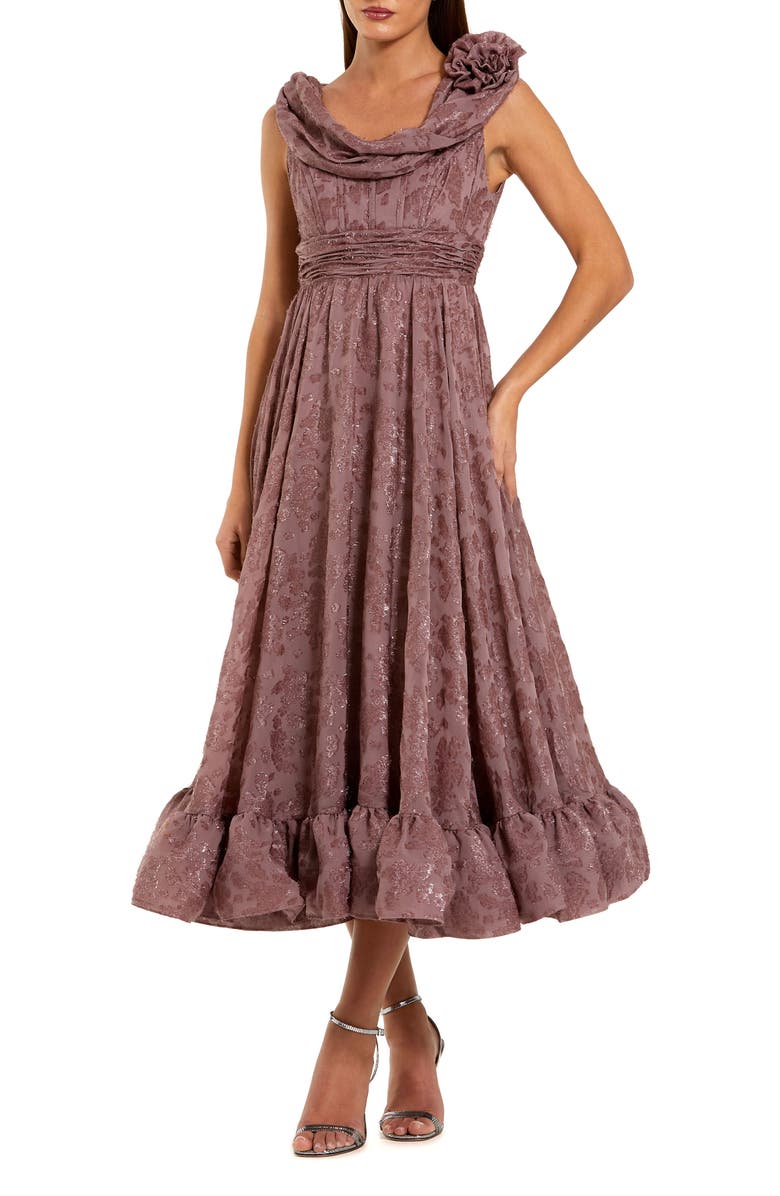 Mac Duggal Burnout Chiffon Sleeveless Cowl Neck Midi Dress, Main, color, Mauve