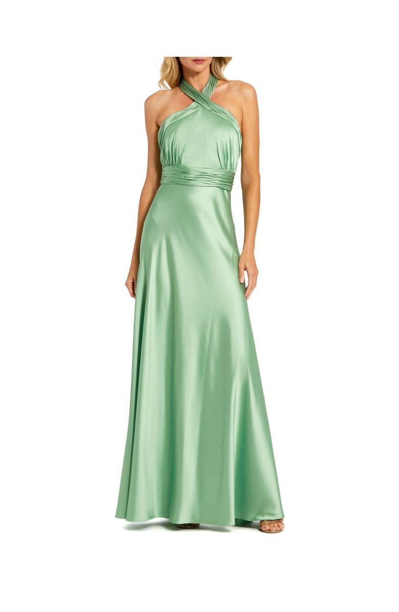 Mac Duggal Ruched Halter Neck Tie Back Satin Gown, Main, color, Sage