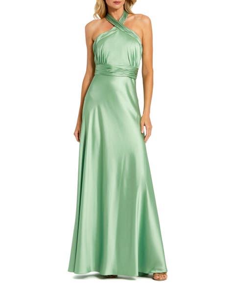 Ruched Halter Neck Tie Back Satin Gown