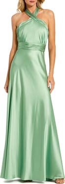 Mac Duggal Ruched Halter Neck Tie Back Satin Gown