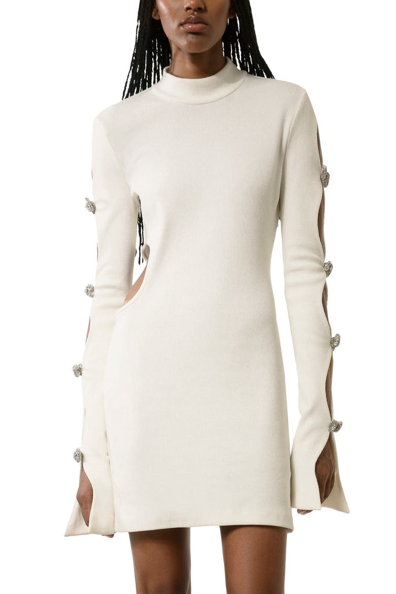 Mach and Mach Crystal Bow Long Sleeve Cutout Knit Minidress, Main, color, WHITE