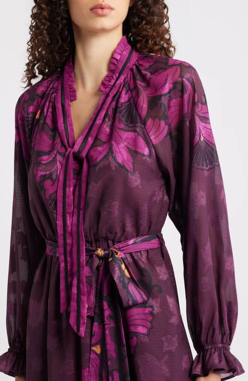 Ciebon Natalie Metallic Mixed Print Long Sleeve Dress In Burgundy
