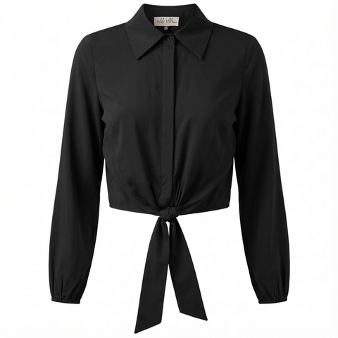 Cropped Hidden Placket Hem Tie Blouse