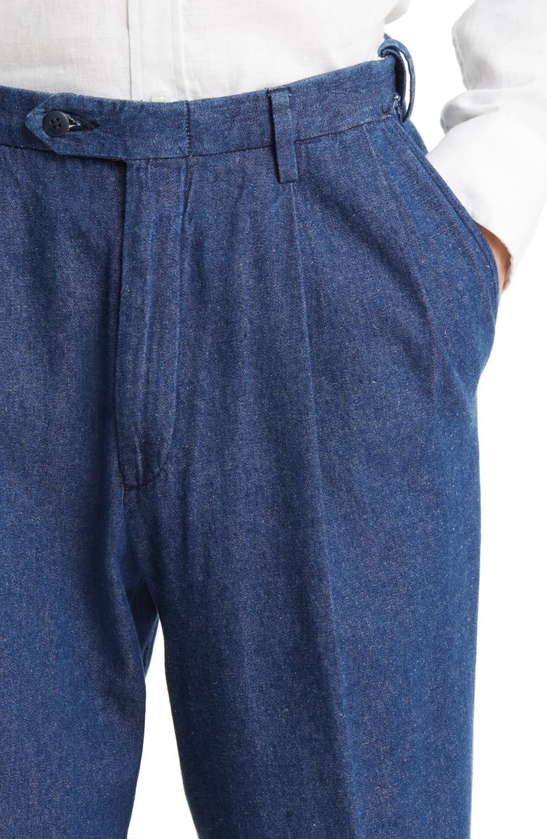Berle Pleated Self Sizer Waist Flat Front Denim Trousers, Alternate, color, Navy