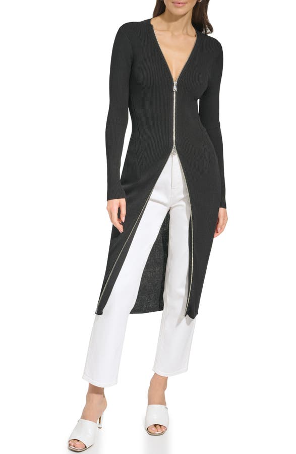 Front Zip Long Sleeve Rib Midi Dress