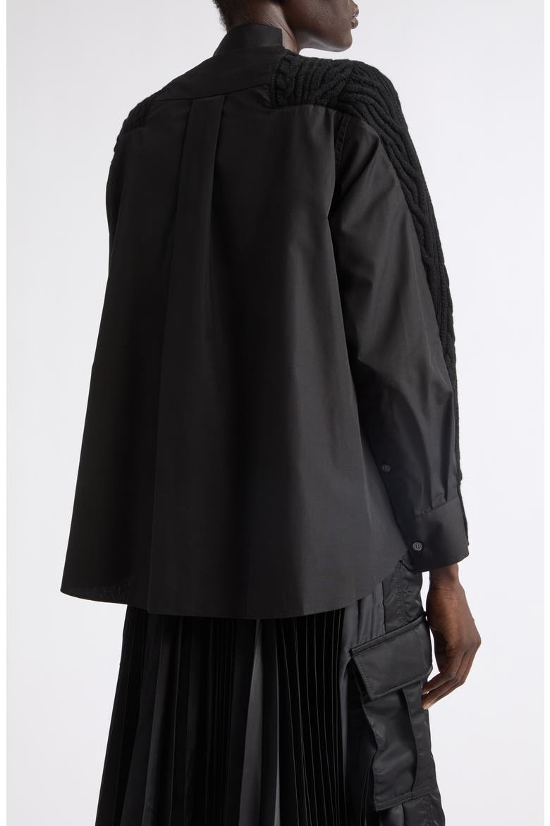 Mixed Media Wool Cable & Poplin Shirt Cardigan, Alternate, color, BLACK/ DARK BLACK