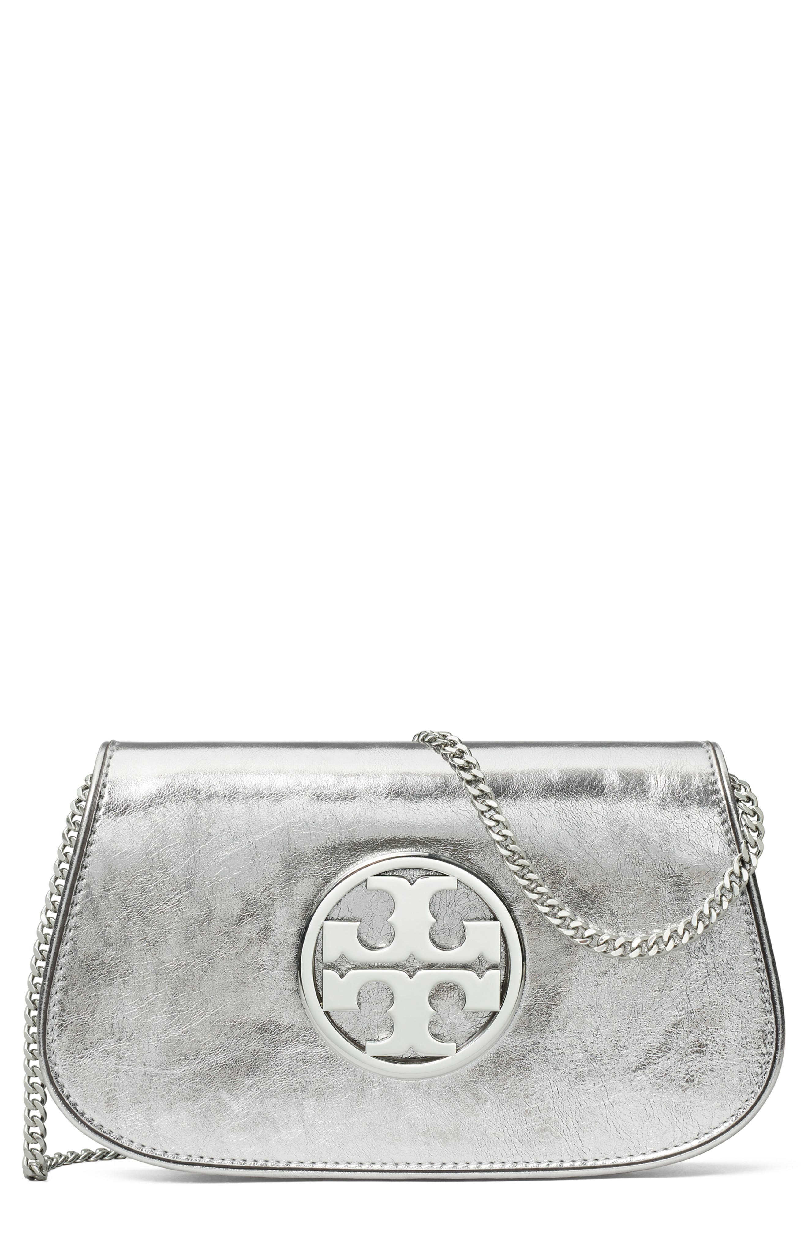 Tory Burch Reva Metallic Leather Clutch, Main, color, 