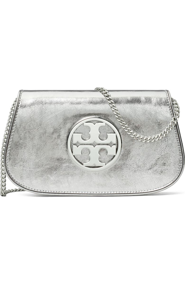 Tory Burch Reva Metallic Leather Clutch, Main, color,