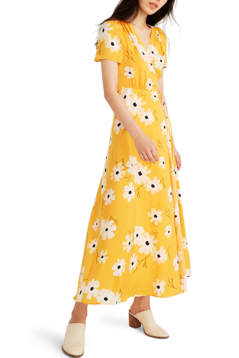 Ikat Floral Puff Sleeve Wrap Dress, Main, color, IKAT FLORAL GOLDEN LANTERN
