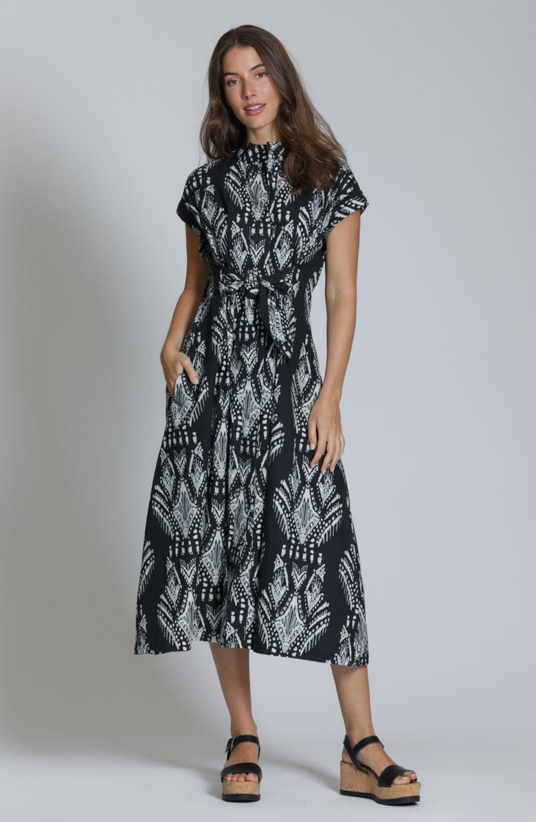 APNY Tie Front Cotton Midi Dress, Alternate, color, Blacknatural