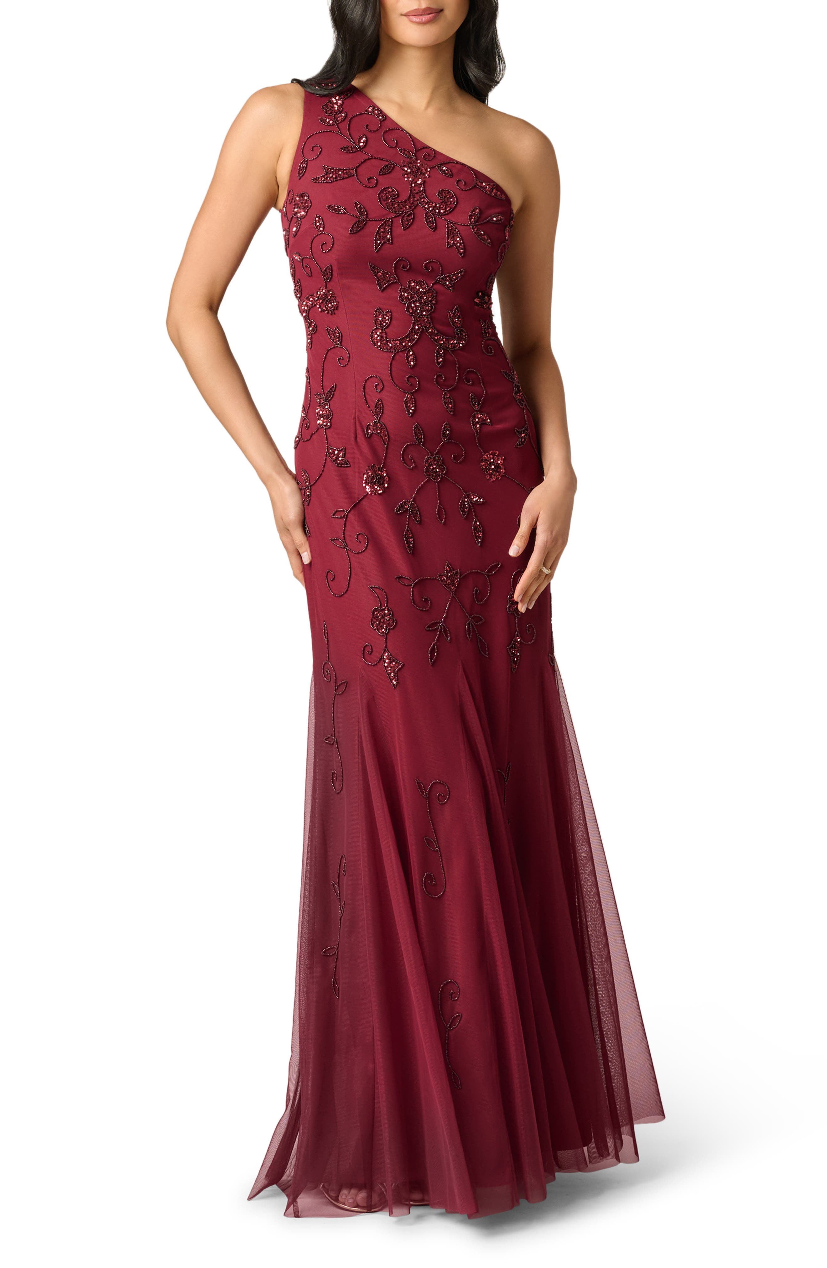 Adrianna Papell Beaded One-Shoulder Godet Gown (Women) | Nordstrom