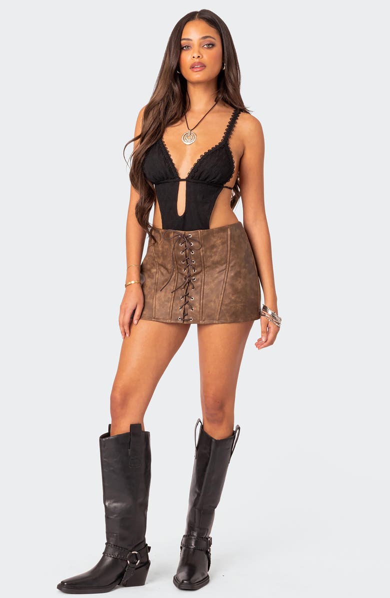 EDIKTED Ainsley Lace-Up Front Faux Leather Miniskirt, Alternate, color, 