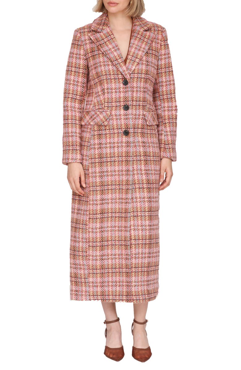 Avec Les Filles Cutaway Bouclé Long Coat, Alternate, color, Berry Plaid