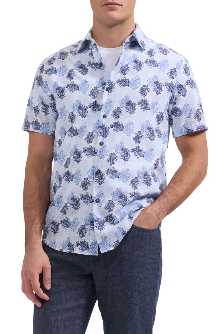Orson Leaf Print Short Sleeve Button-Up Shirt, Main, color, HAZY BLUE