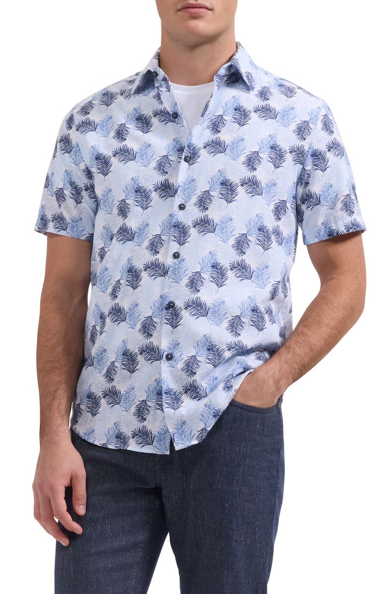 Bugatchi Orson Leaf Print Short Sleeve Button-Up Shirt, Main, color, Hazy Blue