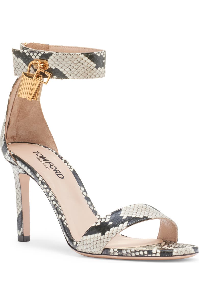TOM FORD Padlock Snakeskin Embossed Ankle Strap Sandal, Main, color, Roccia
