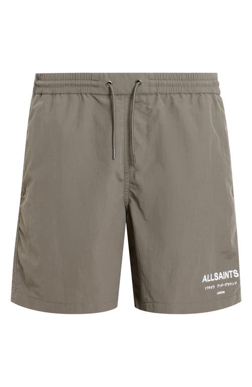 Allsaints Underground Logo Print Swim Trunks In Ash Khaki Green