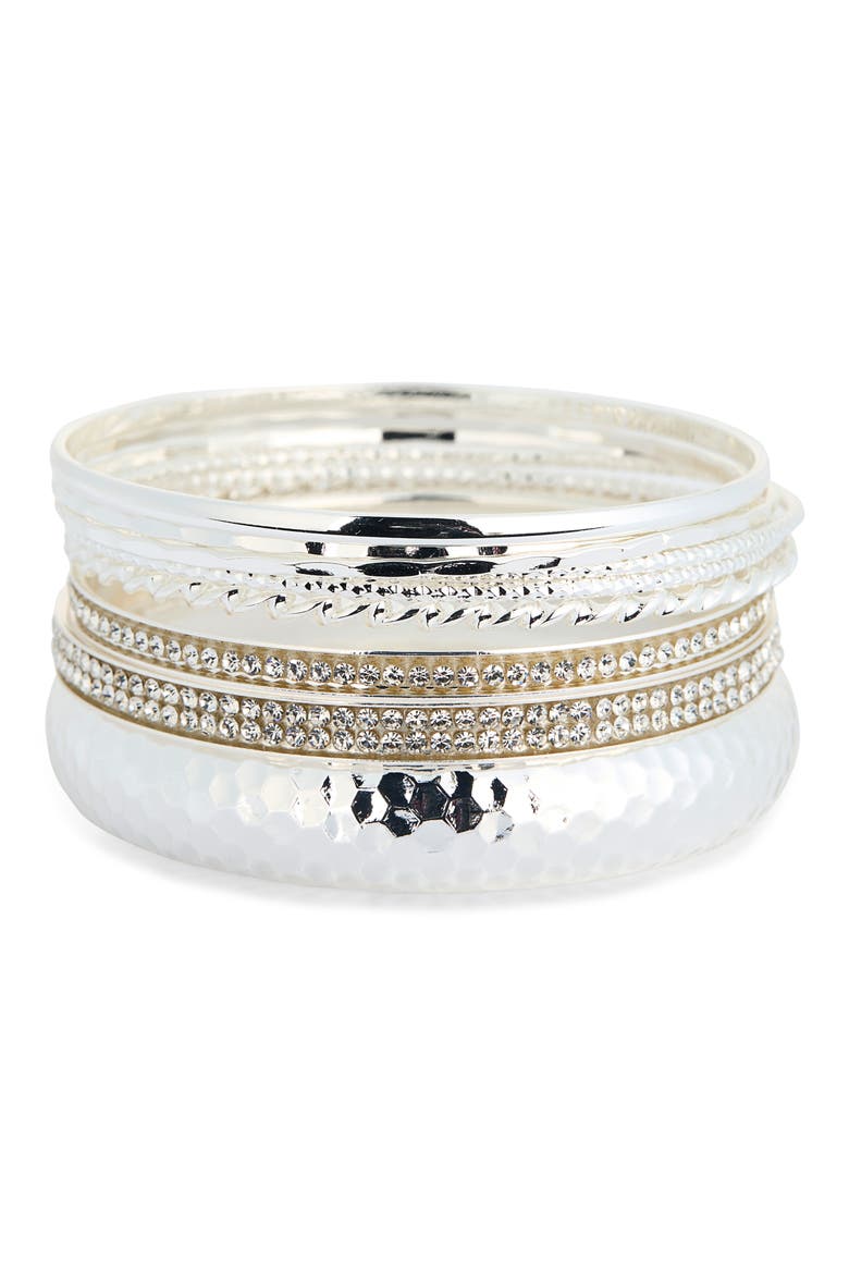Set of Pavé Crystal Textured Bangle Bracelets, Main, color, SILVER